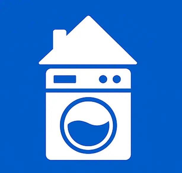 Simple white line icon of a house symbolizing home laundry pickup — part of Prime Wash’s residential laundry service.
