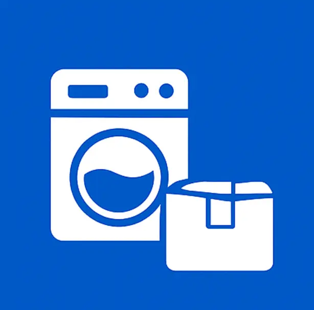 Set of minimalist white icons showing washing machine, delivery van, and folded laundry — visually representing Prime Wash’s “Laundry Made Easy” process: pickup, clean, and deliver.